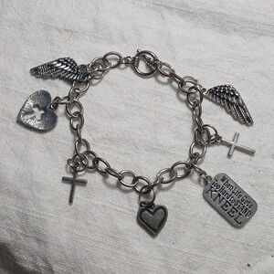 Religious Charm Bracelet 8" Silver Tone Angel Wings Cross Heart + Initial B Char